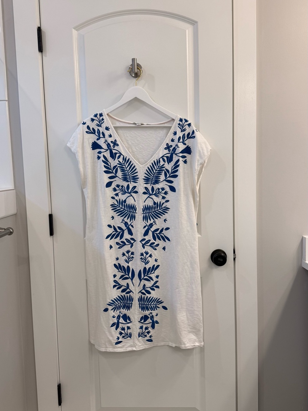 Boden White Tunic with Navy Blue Embroidered Floral Panel